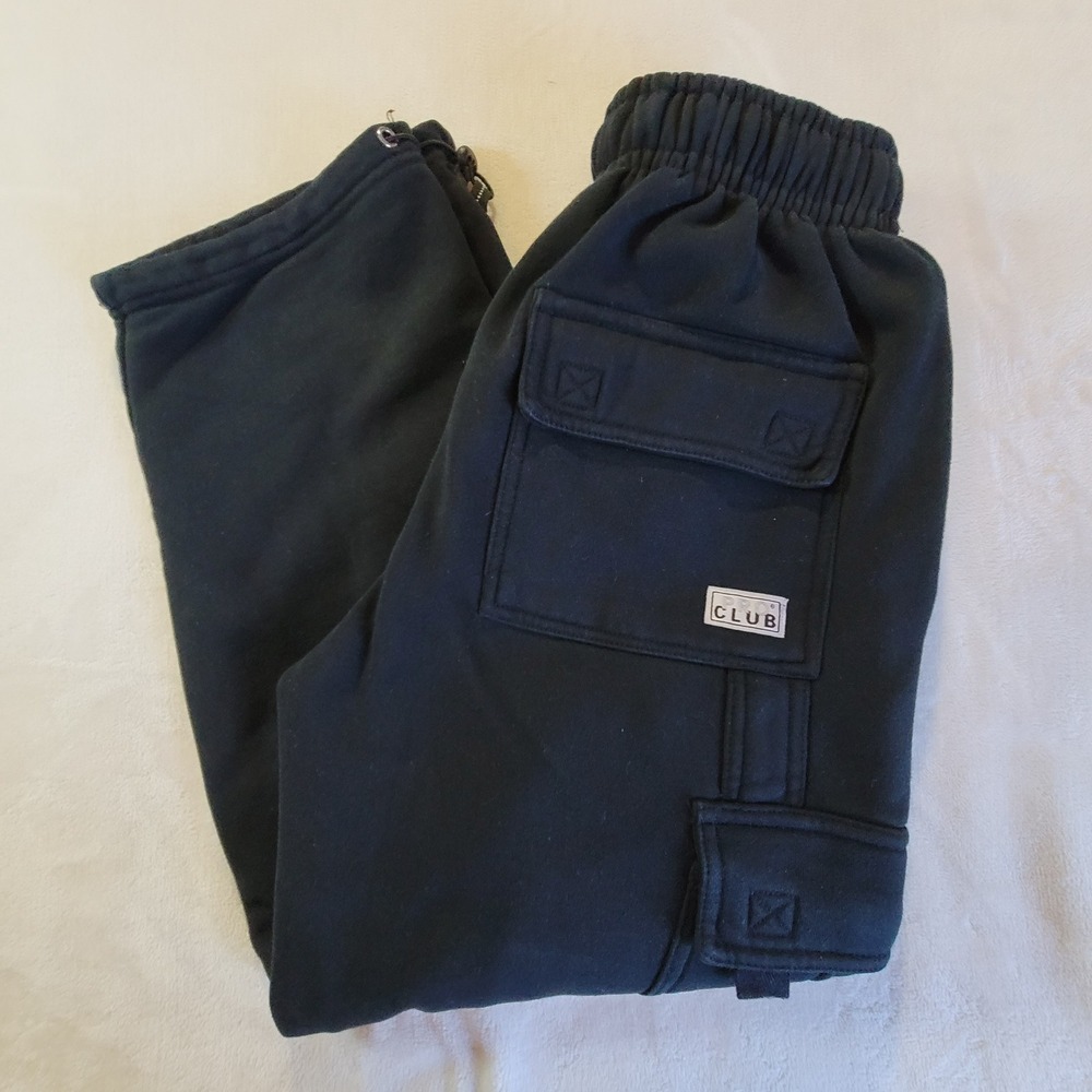 Pro Club Cargo Pants Mens S Black Heavyweight Fleece Jogger Bungee Hem Pockets